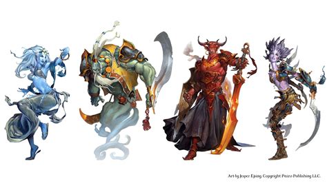 four different types of fantasy characters in various poses and sizes, all with horns on their heads