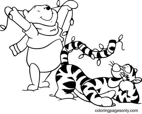 Pooh and Tigger Christmas Lights Coloring Page - Free Printable Coloring Pages