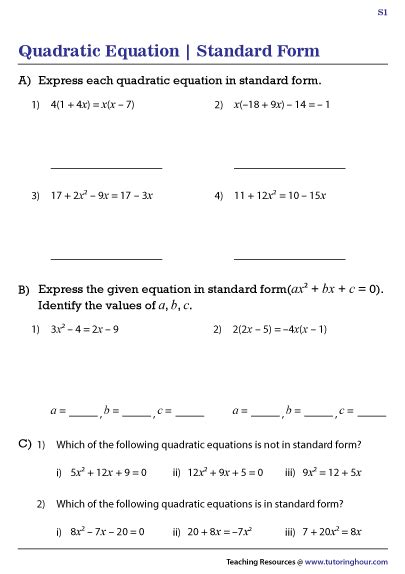 Quadratic Equations in Standard Form Worksheets