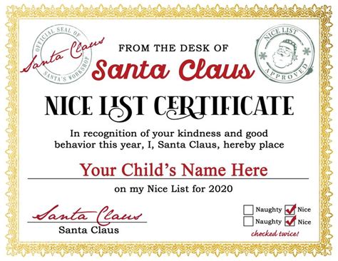 a certificate for santa claus is shown