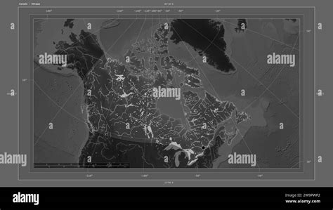 Canada highlighted on a Grayscale elevation map with lakes and rivers map with the country's ...