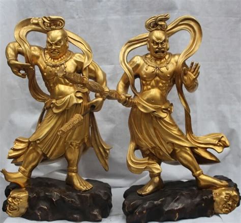 JP S0524 Japan Japanese Bronze 24K Gold Door deity Deva kings Two ...