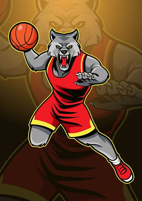 an angry wolf holding a basketball ball in his right hand while wearing a red and yellow uniform