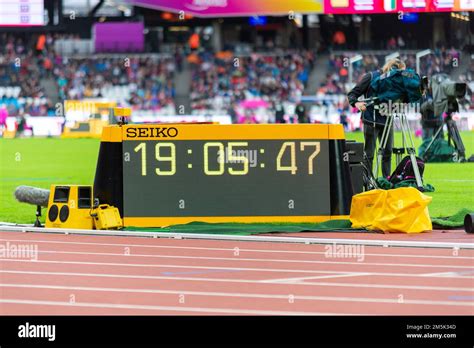 Seiko digital timing clock and television cameras at the 2017 World Para Athletics Championships ...