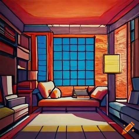 Living room one point perspective drawing