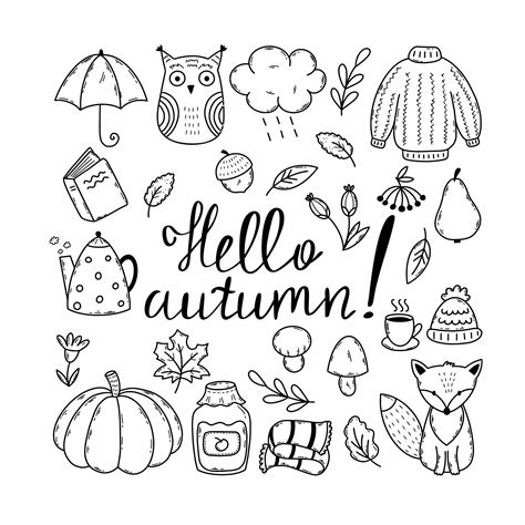 Set of autumn elements. Lettering hello autumn.Vector doodle illustration. Contour drawing. Fall ...