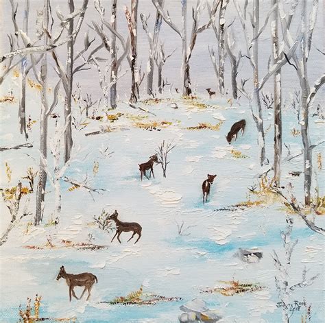 Landscape Oil Painting Original Deer Snow Winter Animals - Etsy | Deer ...