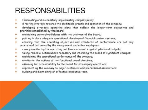 The responsibilities of a managing director (ceo