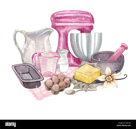 Baking watercolor set with kitchen utensils, mixer, chocolate, potholders, spoon, clay jag ...