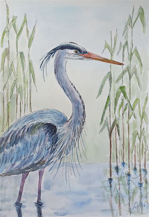 Great Blue Heron Painting Watercolor Original Art Bird Artwork | Etsy