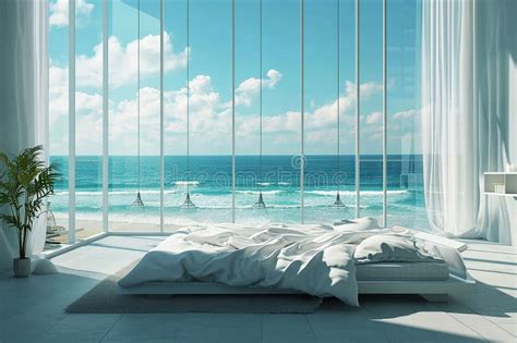 Minimalist Bedroom with Panoramic Ocean Sea View: Modern Coastal Interior Stock Image - Image of ...