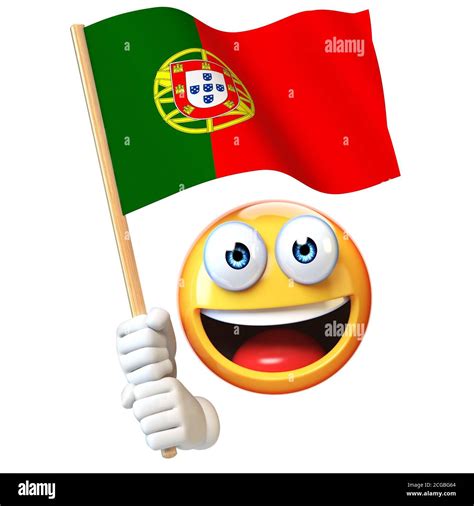 Emoji tenant le drapeau portugais, émoticone agitant le drapeau national du Portugal rendu 3d ...