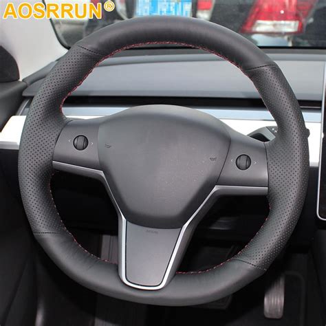 Hand stitched Black Artificial Leather Car Steering Wheel Cover For Tesla Model 3 BlueStar 2017 ...