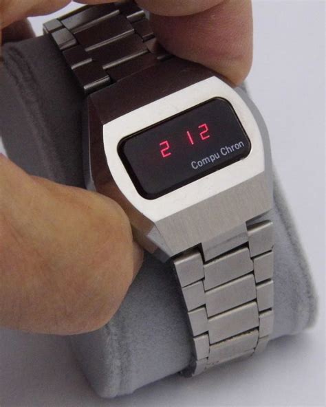 Vintage Men's Compu Chron Electronic Digital Watch, Red LED Display, Silver Finish, Case Made in ...