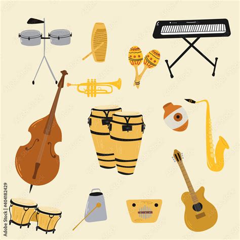 Salsa music musical instruments. Double bass, congas, bongos, guitar ...