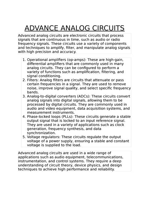 Advance Analog Circuits - ADVANCE ANALOG CIRCUITS Advanced analog circuits are electronic ...