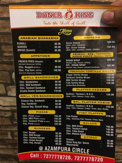 Menu at Doner king, Hyderabad, Sahifa Masjid Rd