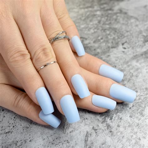 Fashion Matte Fake Nails Flat Top False Nails Light Blue Acrylic Nails Tips Full Cover Manicure ...