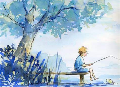 Watercolor Giclee Print Postcard Art Boy Fishing at Lake - Etsy ...