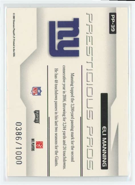 Eli Manning 2007 Playoff Prestige Prestigious Pros Blue /1000 #PP-39 ...