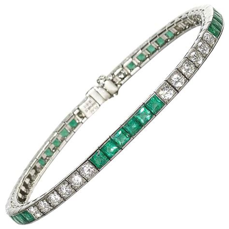 Emerald Diamond Platinum Line Bracelet For Sale at 1stdibs