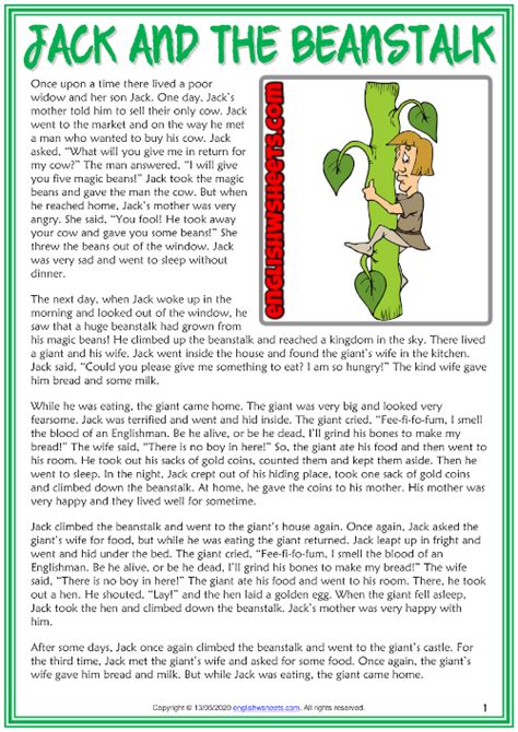 Jack and the Beanstalk ESL Reading Text Worksheet For Kids | Reading comprehension lessons ...