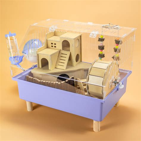 RunDuck Acrylic Hamster Cage with Wooden Legs, House, Exercise Wheel ...