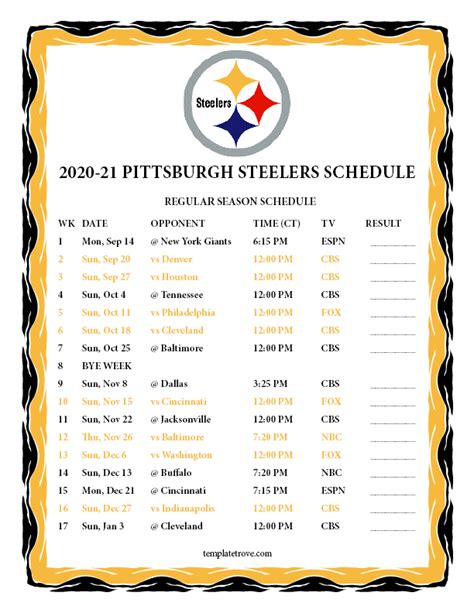 Printable 2020-2021 Pittsburgh Steelers Schedule