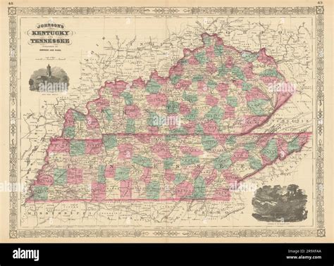 Johnson's Kentucky and Tennessee. US state map showing counties 1866 old Stock Photo - Alamy