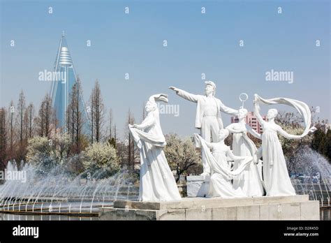 Pyongyang fountains in front of the Pyongyang Indoor Stadium, Pyongyang ...