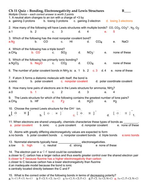 Ch 11 Quiz – Bonding, Electronegativity and Lewis Structures B