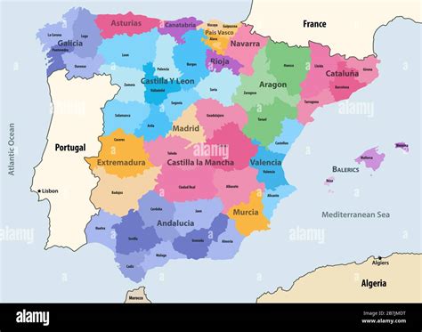 España Comunidades autónomas y provincias mapa vectorial con países y ...