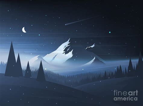 Night Mountain Winter Landscape Vector Digital Art by Dmod - Fine Art ...