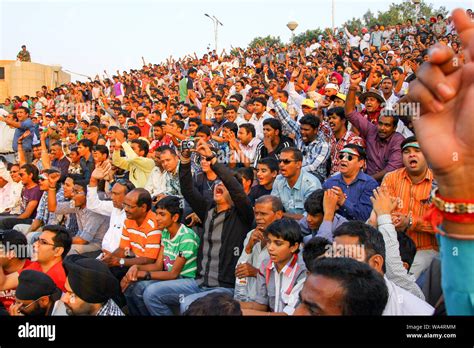 August 15,2018, Wagha Border, Amritsar, India. Indian crowd cheering ...