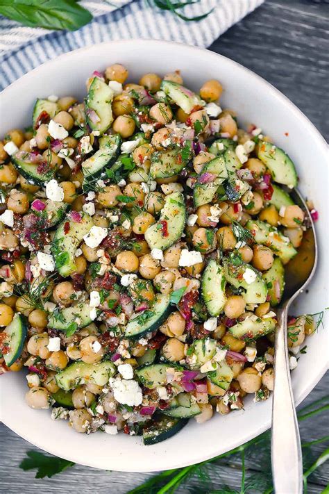 Mediterranean Chickpea Salad with Feta + Cucumbers - Bowl of Delicious