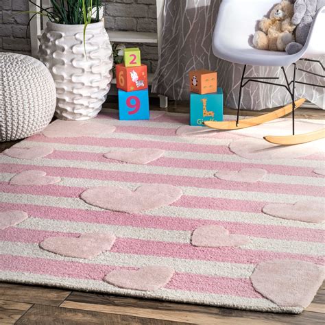 nuLOOM Pink Kids Contemporary Hand Tufted Stripes and Hearts Wool Area ...