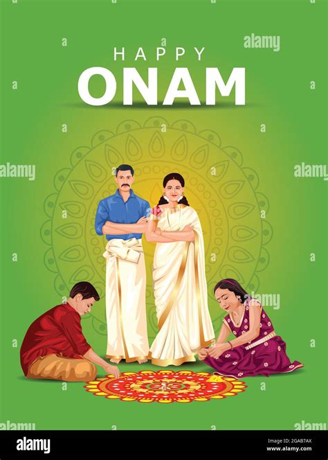 happy onam greetings vector illustration. illustration of kids making pookalam for a family ...