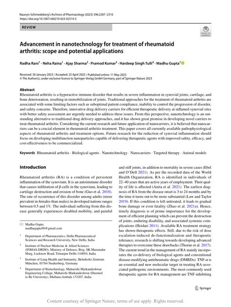 Advancement in nanotechnology for treatment of rheumatoid arthritis ...