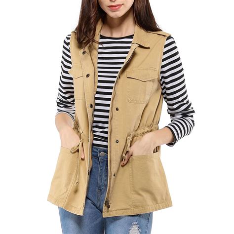 Unique Bargains - Women's Drawstring Utility Anorak Cargo Vest Jacket - Walmart.com - Walmart.com