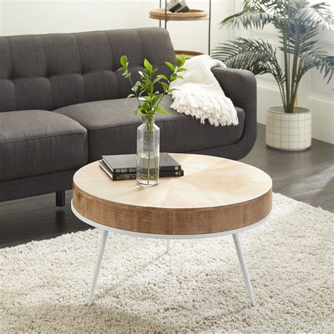 DecMode Round Natural Wood Top Coffee Table With Distressed White Metal Base, 32" X 18 ...