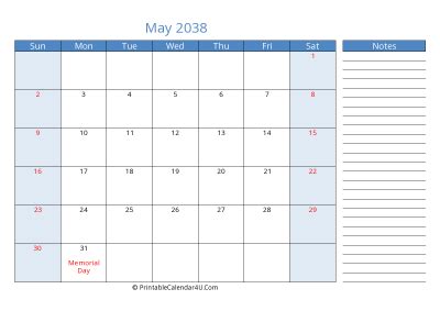 May 2038 Calendar Templates