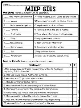 Miep Gies Biography Reading Comprehension Worksheet Anne Frank | TpT