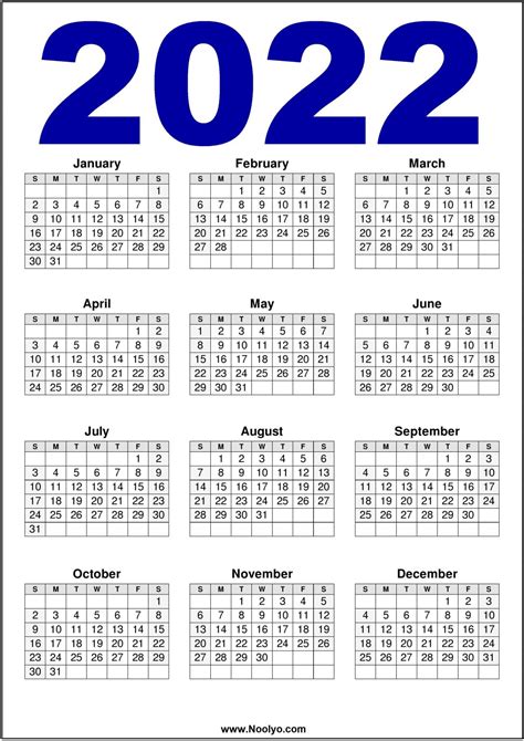 2022 Calendar US Printable – Download Free - Noolyo.com