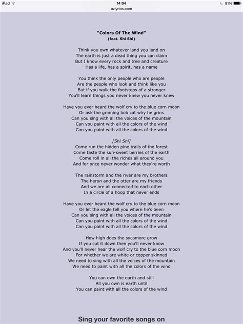 Pocahontas Colors Of The Wind Lyrics