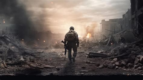 Premium AI Image | Military soldier walking through destruction and ...