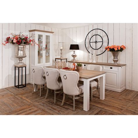 Table de salle à manger en bois massif blanc contemporain L. 220 x P. 100 x H. 75 cm collection ...