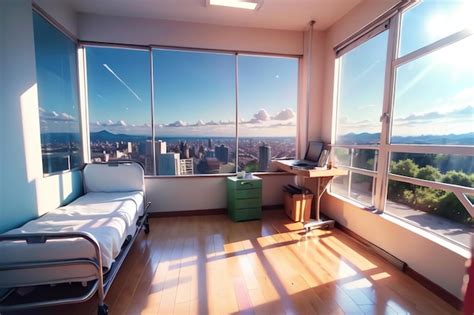 Premium AI Image | A hospital room with a view of a city and a window