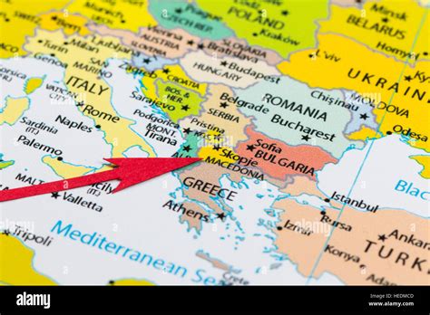 Red arrow pointing Macedonia on the map of Europe continent Stock Photo ...