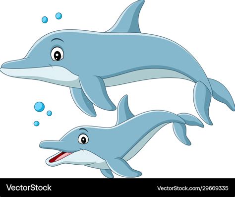 Cartoon mother dolphin swims with baby Royalty Free Vector