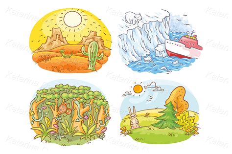 Set of four different cartoon climatic zones - desert, Arctic, jungle ...